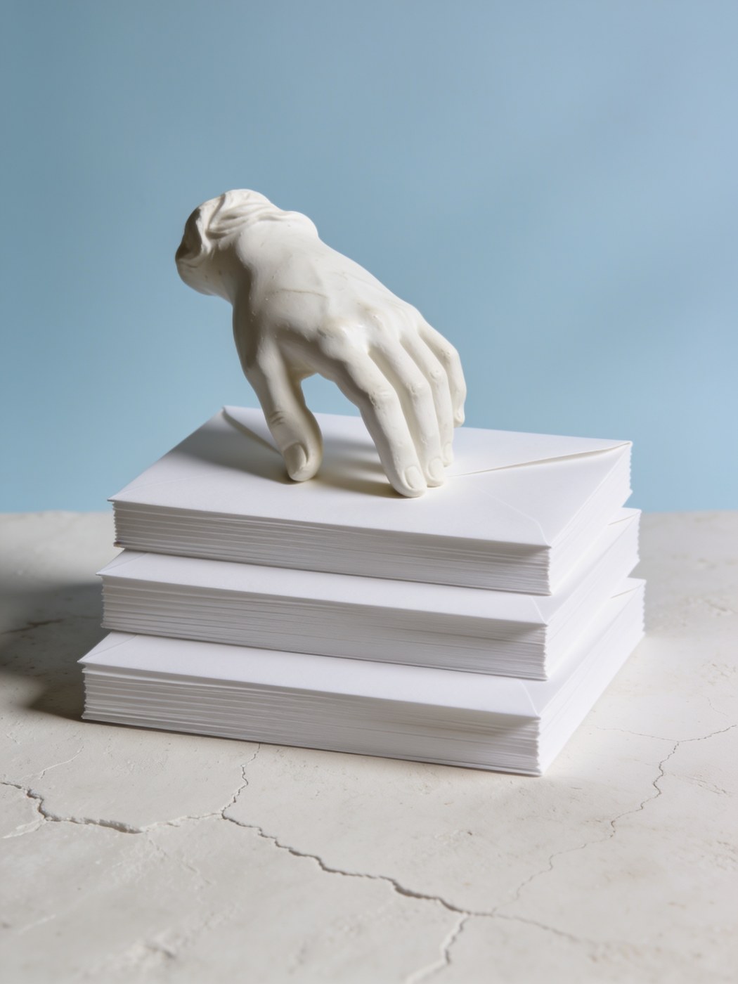 AI email triage automation: plaster hand releasing envelopes that sort themselves into piles