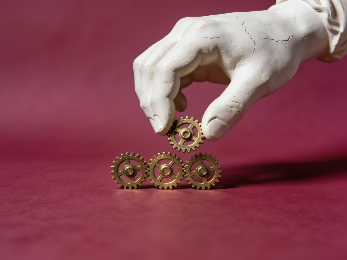 Google Ads campaign structure and bidding: plaster hand fitting the last of three brass gears