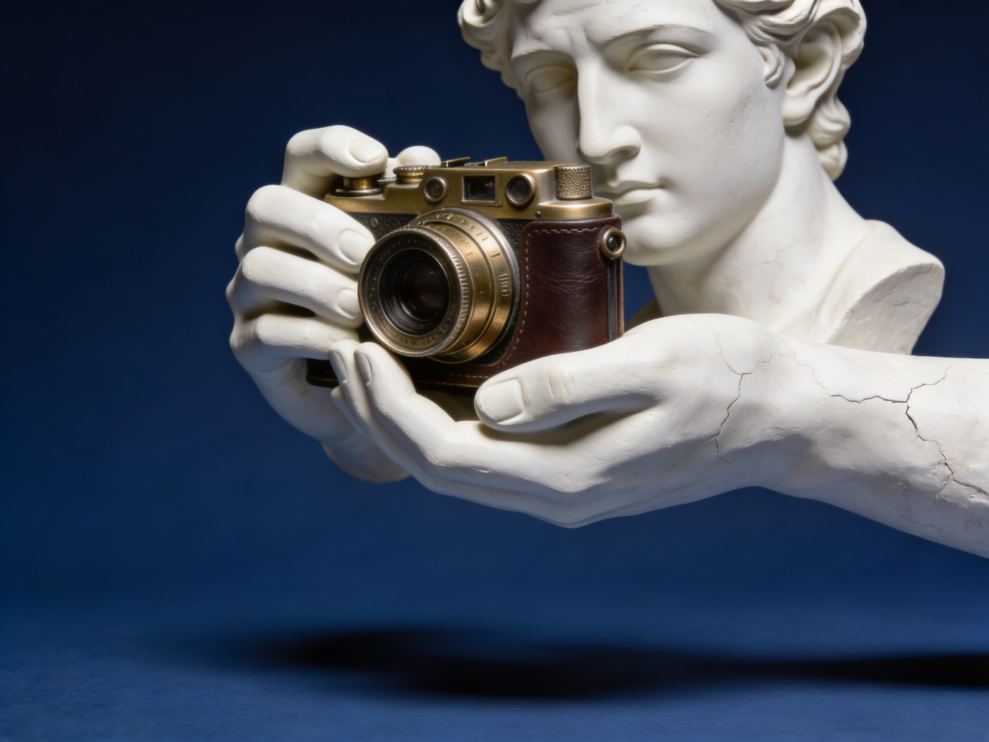 Local business photos and content: plaster hand holding a vintage camera