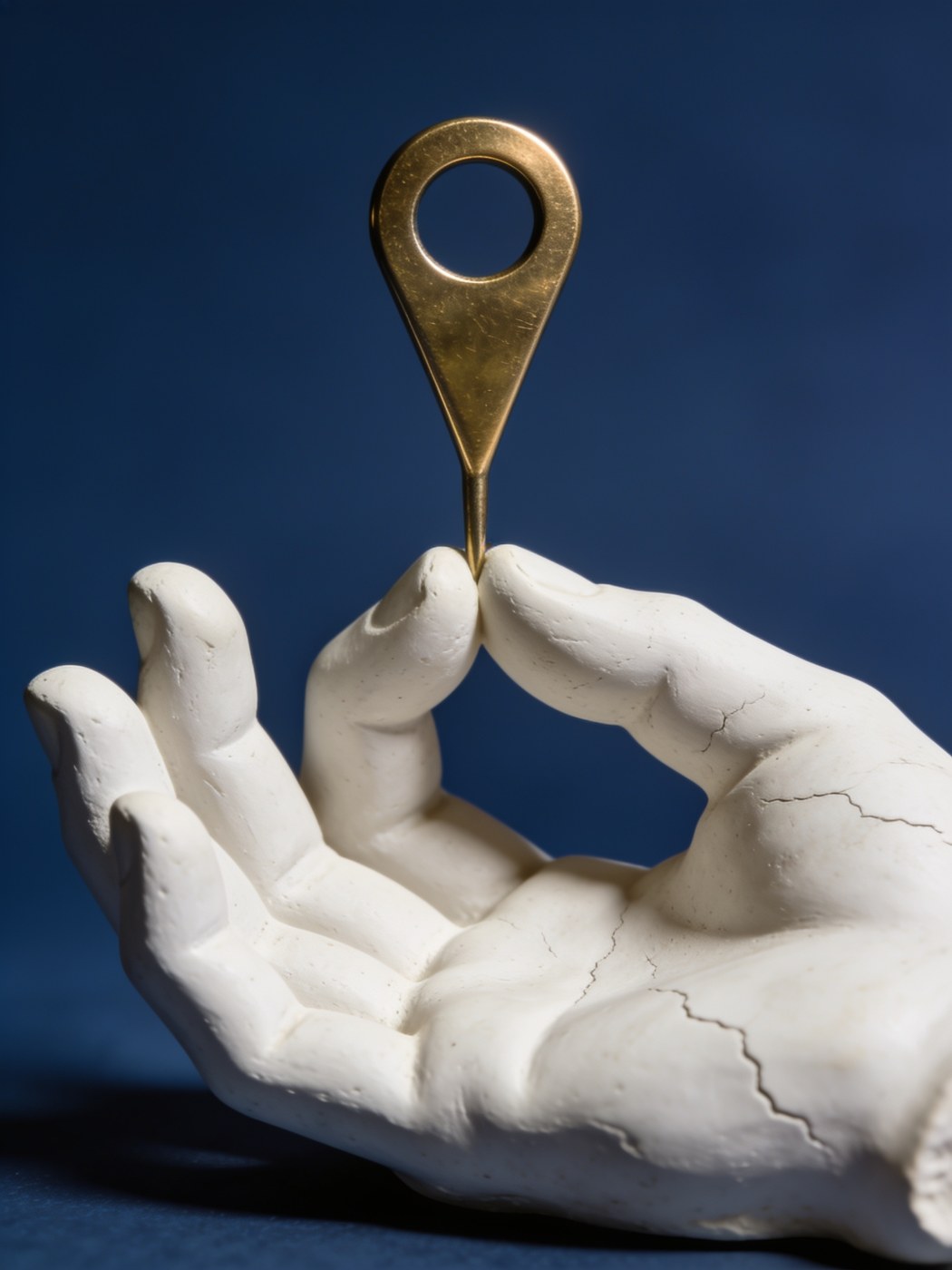 Google Business Profile and local SEO: plaster hand holding a brass map pin