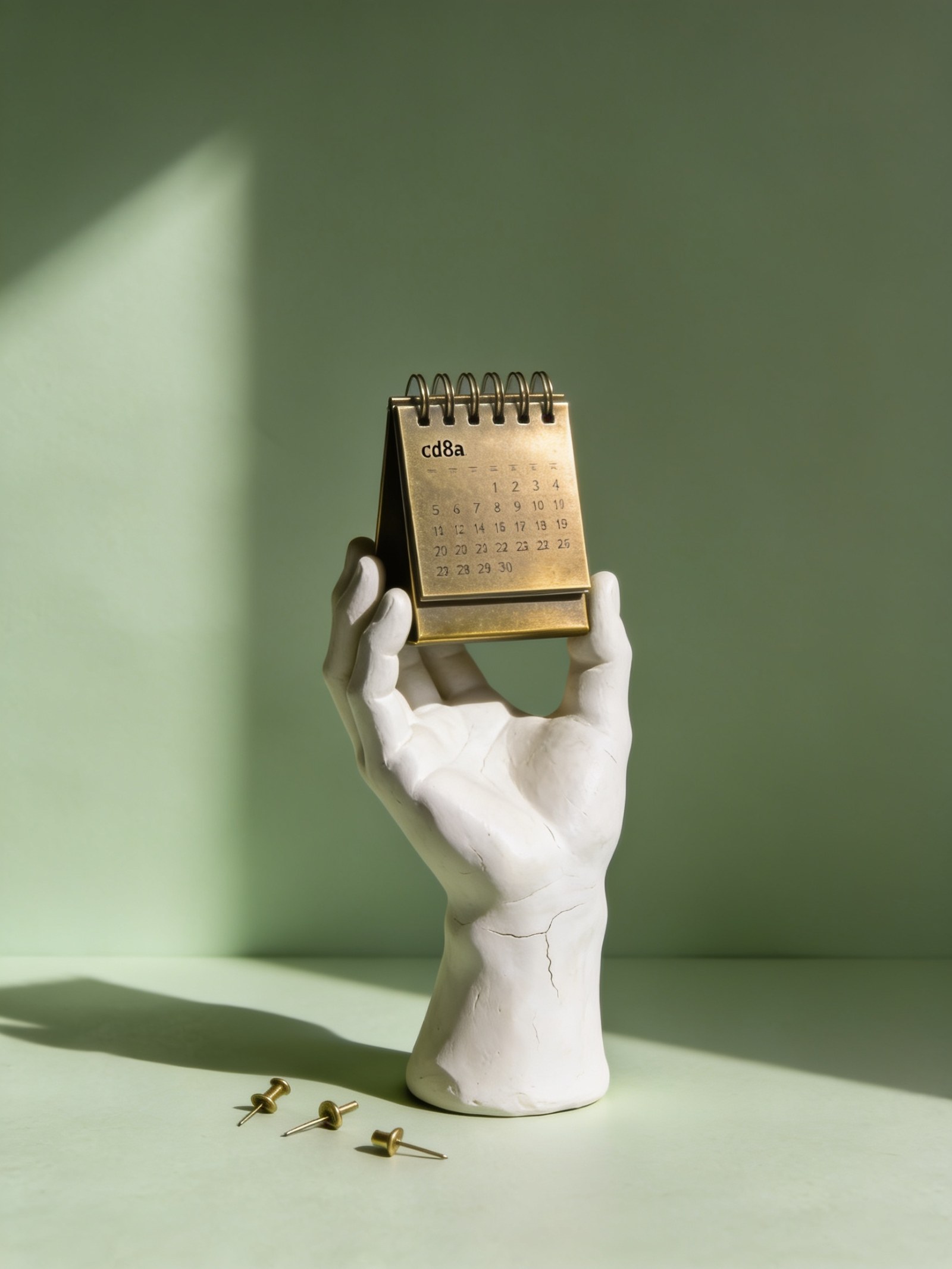 Social media content calendar: plaster hand holding a brass flip calendar
