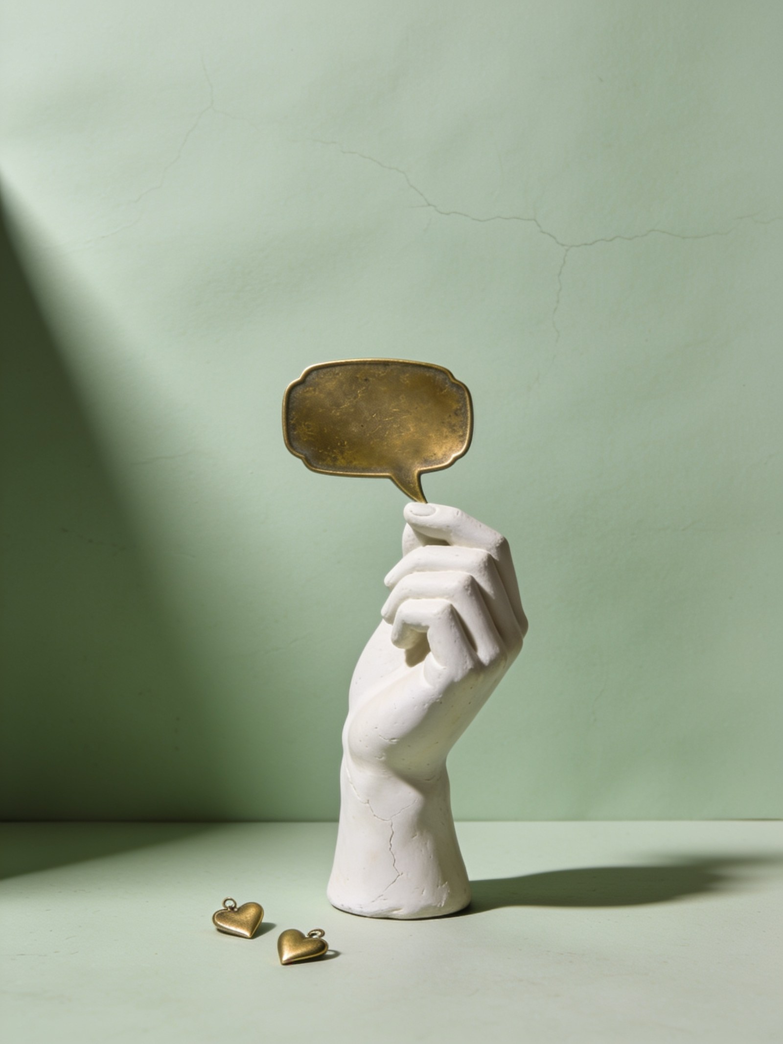 Community management and comment replies: plaster hand holding a brass speech bubble