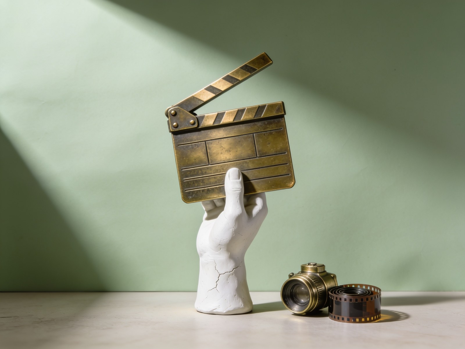 Social media video and post creation: plaster hand holding a brass film clapperboard