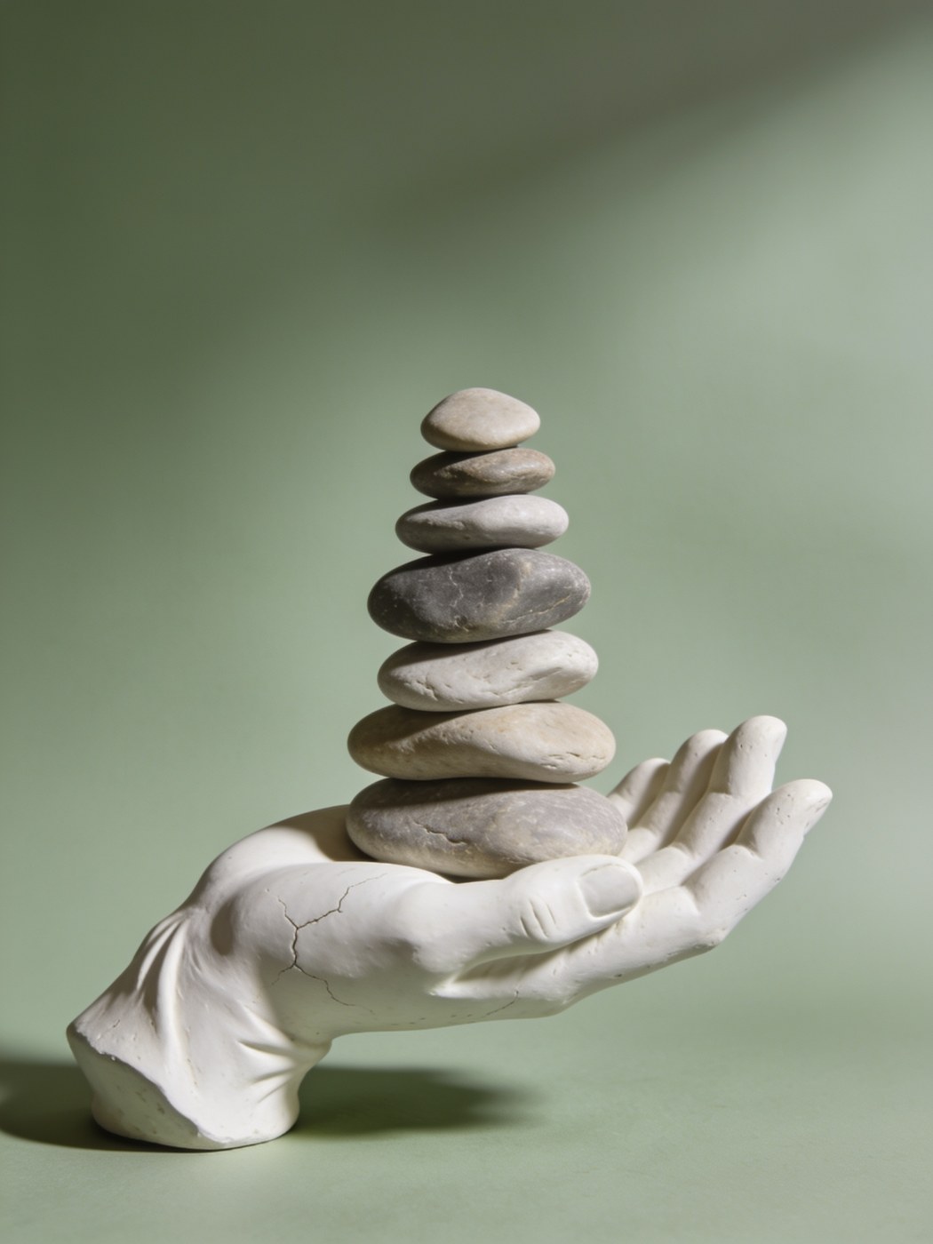 Proactive website maintenance: plaster hand steadying a stack of balanced pebbles