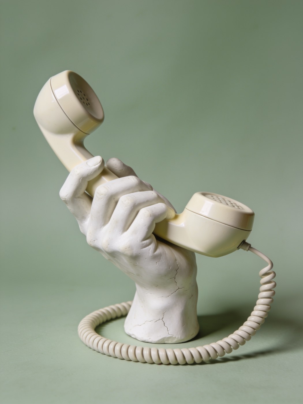 Direct technical support contact: plaster hand holding a vintage telephone handset