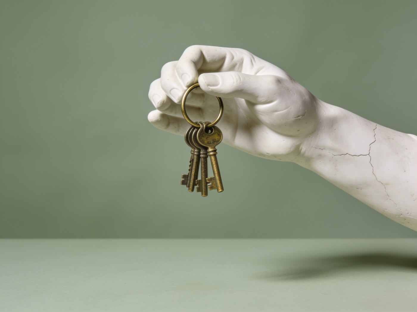 Website access and security management: plaster hand holding a ring of brass keys